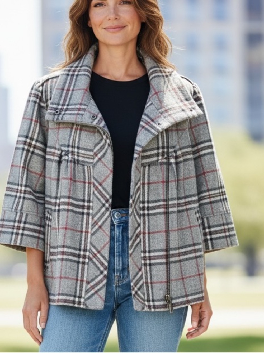 Dalia Gray Plaid Oversized 3/4 Sleeves Wool Blend Fall Layering Jacket Sz 12